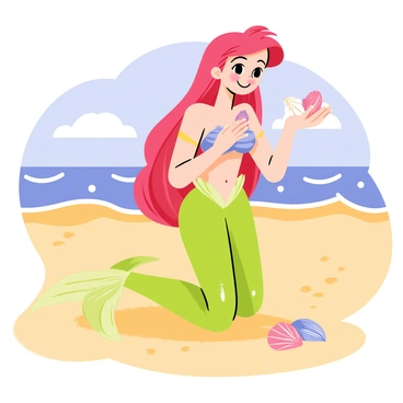 Ariel is kneeling on a sandy beach, with golden grains of sand scattered around her. She is wearing a vibrant green tail that shimmers in the sunlight. Her long, flowing red hair catches the breeze, adding movement to the scene. Ariel has a joyful expression on her face as she collects beautiful seashells in her hands. The seashells vary in color and size, with some being pink, purple, and white. The background includes gentle waves lapping at the shore and a clear blue sky dotted with a few fluffy clouds.