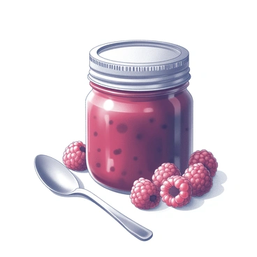 A glass jar filled with raspberry jam, showcasing a glossy texture. The jar has a metal lid that is slightly ajar, revealing the deep red jam inside. Next to the jar, a silver spoon rests, its bowl gently touching the surface. Surrounding the jar are several fresh raspberries, plump and inviting, with their intricate details visible. The composition highlights the deliciousness of the jam alongside the vibrant berries, creating an appealing arrangement.