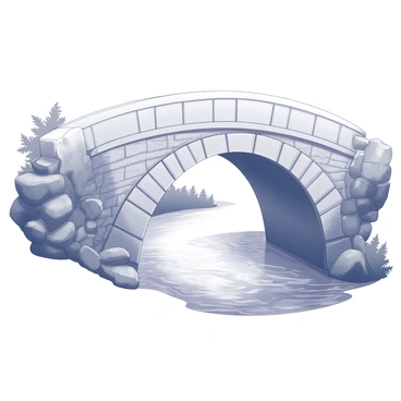 A stone bridge with a smooth arch spans over a flowing river. The bridge has a textured surface with large stones fitted together, showcasing its sturdy construction. The river below reflects the structure, with gentle ripples creating a dynamic surface. Lush foliage lines the riverbanks, adding to the natural setting. The scene conveys a sense of connection, as the bridge links both sides of the river.