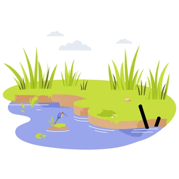 A marshland with lush green grasses and tall reeds swaying gently. The water levels are high, with rippling blue water covering parts of the land. The edges of the wetland are visibly eroded, with patches of soil and plants washing away. A few small, scattered logs and rocks are partially submerged in the water. Birds can be seen flying above, and a dragonfly flits close to the surface. The sky is clear with a few fluffy white clouds.