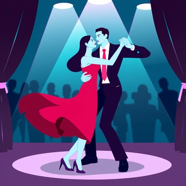 A couple performing a dramatic tango on a dimly lit stage. The man is wearing a sleek black suit with a red tie, while the woman is in a flowing red dress that sways elegantly with each movement. Their faces are close, capturing an intense expression of passion and focus. The stage is framed by dark curtains, and a spotlight highlights the couple, casting shadows that enhance the dramatic atmosphere. The audience is blurred in the background, only silhouettes visible, emphasizing the couple's performance.