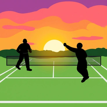 A vibrant sunset with shades of orange, pink, and purple fills the sky behind a grass tennis court. The sun is low on the horizon, casting warm light across the scene. Two players are captured in action; one player is serving while the other is positioned to receive the ball. Their silhouettes are dark against the colorful sky, showcasing the dynamic poses of each athlete. The tennis net stretches across the center of the court, and the lush green grass is well-maintained, contrasting with the warm colors of the sunset.