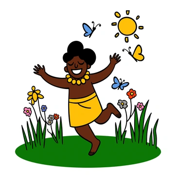 A young boy with dark skin and curly black hair is joyfully chasing a group of colorful butterflies through a lush green field. He is wearing a traditional bright yellow dhoti and a flower garland around his neck. The butterflies are various colors, including blue, yellow, and orange, fluttering around him. The boy has a big smile on his face, and his arms are outstretched as he runs, surrounded by tall grasses and wildflowers. The sun is shining brightly, enhancing the vibrant colors of the scene.