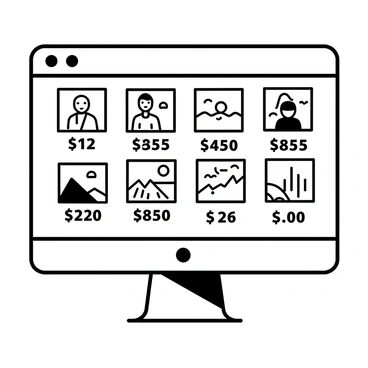 A digital screen displays an online marketplace filled with various illustrations. Each illustration features distinct themes and styles, including landscapes, portraits, and abstract designs. Each artwork is accompanied by its respective price tag, prominently displayed beneath it. The layout has multiple grid sections, with clickable thumbnails showcasing the illustrations. The overall composition gives the impression of a bustling and diverse marketplace, inviting viewers to explore and choose from the selection.