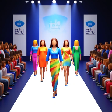 A glamorous fashion show at BCU featuring multiple models on a sleek runway. Each model is showcasing vibrant, student-designed outfits with unique patterns and colors. The audience is seated on either side of the runway, looking captivated by the designs. Bright spotlights illuminate the scene, highlighting the intricate details of the garments. Banners displaying the BCU logo hang in the background, adding an official touch to the event.