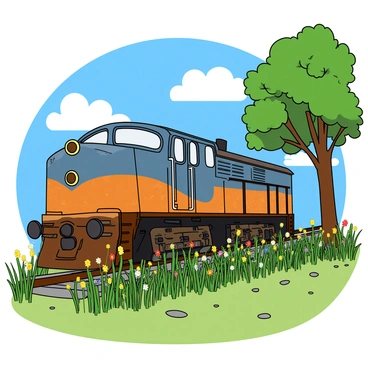 A rusty old train with faded blue and orange paint, showing signs of age and corrosion. The train is stationary on a set of overgrown tracks, with tall green grass and colorful wildflowers growing around the rails. The sky above is a bright blue with fluffy white clouds, casting shadows on the train. In the foreground, a few small pebbles are scattered on the ground, enhancing the sense of neglect. A large tree with sprawling branches stands nearby, its leaves rustling gently in the breeze.