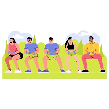 A group of five people engaged in a bootcamp session outdoors. They are performing "goblet squats" with dumbbells held close to their chests. Each person has a different athletic outfit: one in a red tank top, another in a blue t-shirt, a third in green shorts, a fourth in a black sports bra, and the last person in a yellow hoodie. The background features a grassy field with trees in the distance and a clear blue sky overhead. Each individual displays focused expressions, showing determination as they squat in unison.