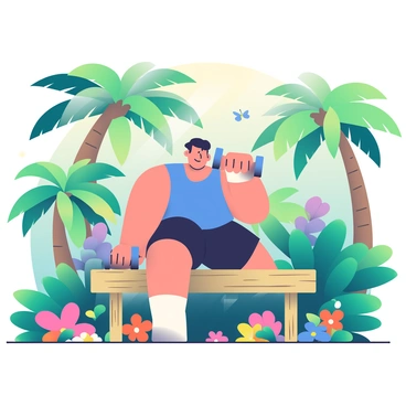 A person with light skin and short black hair is lifting dumbbells while sitting on a makeshift wooden bench. The bench is constructed from rough-hewn wood, showing signs of wear and natural texture. Surrounding the bench is a vibrant jungle with dense green foliage, tall palm trees swaying gently, and a variety of colorful flowers blooming nearby. Sunlight filters through the leaves, creating dappled patterns on the ground. The person is wearing a bright blue tank top and black shorts, focusing intently on their workout. A few small butterflies can be seen fluttering around, adding a lively touch to the scene.