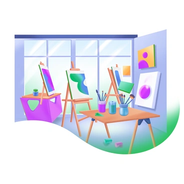 A bright and airy 3D art studio featuring large windows that let in ample natural light. The space is filled with various canvases leaning against the walls and on easels. An array of paint brushes is neatly arranged in jars on a wooden table, showcasing their vibrant colors. Colorful abstract paintings hang on the walls, displaying a variety of shapes and hues. The floor is covered with scattered paint splatters, adding to the creative atmosphere of the studio.