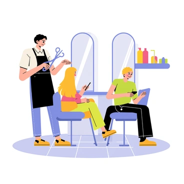 A hairdresser with bright blue scissors cutting hair in a salon setting. The hairdresser has short brown hair and is wearing a black apron. The client, sitting in a salon chair, has long blonde hair and is looking at their smartphone with a focused expression. There are colorful hair products displayed on a shelf in the background, and a large mirror reflects the scene. The floor is tiled with light gray squares.