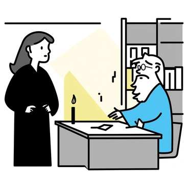 A dimly lit office with a wooden desk and shelves lined with books. Two figures are positioned at the center of the room, engaged in a serious conversation. The first figure is a man with long black hair, wearing a dark robe, standing with a focused expression. The second figure is an older man with long white hair and a beard, wearing spectacles and a blue robe, sitting on the edge of the desk. Flickering candlelight casts soft shadows around the room, highlighting their intense expressions. A few scattered papers and a quill are visible on the desk.
