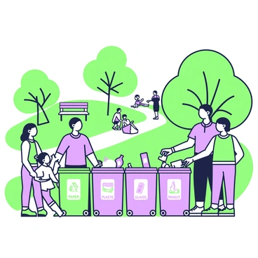 A community park is bustling with activity as people are sorting their waste. In the foreground, a group of individuals is gathered around four recycling bins. Each bin is labeled with "paper," "plastic," "glass," and "compost," featuring clear images to indicate the types of waste. Nearby, a child is holding a bottle and pointing towards the plastic bin, while an adult is demonstrating how to properly dispose of items. In the background, lush trees provide shade, and a walking path winds through the park. Various park benches are occupied by families enjoying their day, and children can be seen playing on the grass.