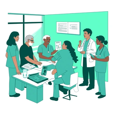 A teal community health clinic is bustling with activity as healthcare professionals offer free check-ups to patients. There are several doctors and nurses wearing scrubs, actively engaging with individuals from diverse backgrounds, including a young woman with long black hair, an elderly man with a gray beard, and a child holding a stuffed toy. Each patient is seated in a white waiting area with pamphlets and health information readily available. The professionals are using medical equipment, such as stethoscopes and blood pressure monitors, as they conduct thorough examinations. The atmosphere is welcoming and vibrant, reflecting a sense of community and support for health and wellness.