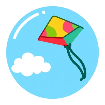 A colorful kite shaped like a musical note is soaring high in a clear blue sky. The kite features bright shades of red, yellow, and green, with intricate patterns that mimic the curves and lines of a musical note. Below the kite, fluffy white clouds drift lazily, adding contrast to the vibrant scene. The sun shines brightly, illuminating the kite and casting soft shadows against the backdrop of the clear sky.