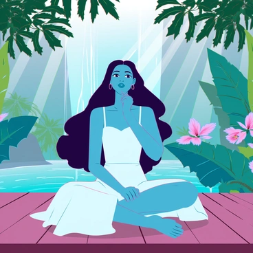 Aaliyah, a young woman with long dark hair and wearing a flowing white dress, is sitting cross-legged on a wooden deck. She is surrounded by lush, vibrant greenery, including large tropical leaves and colorful flowers. The sunlight filters through the trees, casting dappled patterns on her face and the ground. In the background, there are hints of a tranquil waterfall and the sounds of nature, creating an atmosphere of peace and harmony. Aaliyah is gazing thoughtfully into the distance, embodying a moment of reflection and connection with nature.
