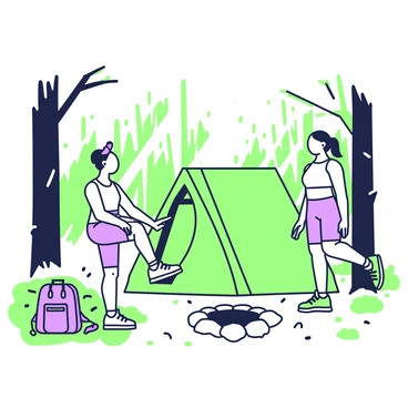 A camping scene features a person performing glute kickbacks beside a green tent nestled among tall trees in a forest. The person has a focused expression and is wearing sporty athletic wear, consisting of a fitted top and shorts. The ground is covered with patches of grass and small pebbles. Nearby, a backpack is placed against a tree, and a campfire ring made of stones is visible in the background, with scattered logs arranged around it. Sunlight filters through the branches, creating dappled light patterns on the ground. In the distance, more trees create a sense of depth in the forest.