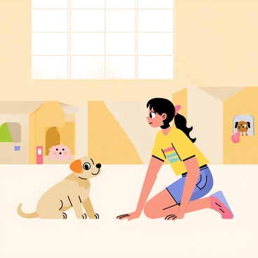 A young girl kneeling on a light brown floor inside an animal shelter. She has long, wavy hair tied in a ponytail and is wearing a colorful t-shirt and denim shorts. The girl is gazing intently at a small, fluffy puppy in front of her, which has a soft, warm glow surrounding it. The puppy has big, expressive eyes and floppy ears, sitting playfully with its head tilted. The background features various animal enclosures, and a few other puppies can be seen curiously peeking out. A bright window above casts gentle light, enhancing the warmth of the scene.