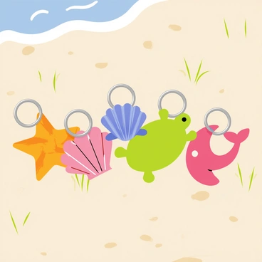 A collection of keychains shaped like various sea creatures and shells is displayed on a sandy beach. The keychains include a vibrant orange starfish, a blue seashell, a green turtle, and a pink dolphin. Each keychain has a shiny metal ring attached. The sandy beach is dotted with small, smooth pebbles and tufts of light green grass. In the background, gentle waves are lapping at the shore, creating a peaceful seaside atmosphere. Bright sunlight casts soft shadows on the sand, highlighting the textures of the keychains.