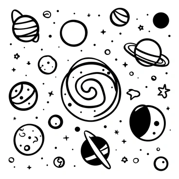 A cosmic scene featuring multiple planets of varying sizes, each intricately detailed with craters and rings. A collection of stars scattered throughout the image, displayed in different shapes and sizes. A swirling galaxy is prominently featured at the center, with spirals extending outward. The entire illustration is done in a black-and-white line drawing style, showcasing the intricate outlines of each celestial body and the swirling motions of the galaxy.