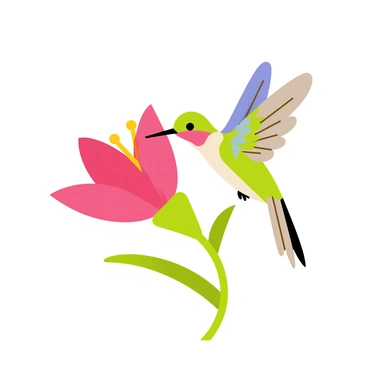 A colorful hummingbird with iridescent feathers is hovering in mid-air close to an open flower bud. The flower is vibrant pink with delicate petals slightly curved outward, showcasing the center filled with bright yellow stamens. The hummingbird's wings are a blur as it rapidly beats them, and its long, slender beak is poised just above the flower's center, ready to sip nectar. Green leaves surround the flower, adding contrast to the scene. The background is softly blurred to emphasize the hummingbird and flower.