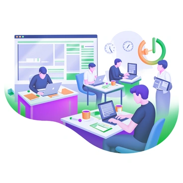 A modern pastel illustration of a busy newsroom filled with activity. Several journalists are seated at desks, typing on laptops with focused expressions. The desks are cluttered with notepads, coffee cups, and scattered papers. In the background, phones are ringing, adding to the busy atmosphere. Editors are visible at a large table, reviewing articles on tablets and discussing among themselves. A large screen displays breaking news headlines, and a clock on the wall indicates the fast-paced environment.