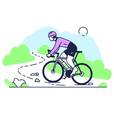 A cyclist is leaning forward while making a sharp turn on a winding road. The cyclist is wearing a helmet and a form-fitting cycling suit, with visible details such as a water bottle attached to the bike frame. The road curves sharply to the left, bordered by greenery on both sides. The cyclist's bike has thin tires and aerodynamic handlebars. A few small rocks are scattered on the road, and there is a clear blue sky above. The sun casts shadows along the winding path.