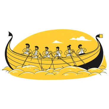 A historical Roman galley with a long, sleek hull is cutting through the ocean waves. The ship has a prominent prow and is adorned with intricate carvings. Oarsmen are seated in rows along the sides, each gripping their oars and rowing in perfect sync. The men are depicted wearing tunics, focused on their task, with muscles straining as they pull the oars back and forth. In the background, the vast ocean stretches out, with gentle waves glistening under the light. A distant coastline can be seen on the horizon, hinting at adventure and exploration.
