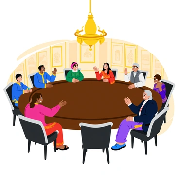 A royal council gathered around a large, ornate round table. The table is made of polished dark wood with intricate carvings, placed in an elegantly decorated chamber. Various figures from different cultures are present, showcasing diversity in appearance and attire. One figure wears a regal blue robe with golden embroidery, another is dressed in a vibrant red outfit with intricate patterns. There is a woman in traditional dress with a colorful headscarf, as well as a nobleman in a classic vest and trousers. Each member is engaged in conversation, with some gesturing with their hands while others listen intently. The walls are adorned with rich tapestries depicting historical scenes, and a large chandelier hangs above, casting a warm glow over the gathering.