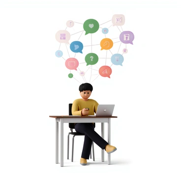 A person with medium skin tone and short black hair is sitting at a desk. They are focused on a digital device, such as a tablet or smartphone, which they are holding in one hand. Above their head, a series of colorful speech bubbles in various sizes are interconnected by thin lines. Each speech bubble contains different icons and symbols representing messages being sent. The background includes a soft gradient to enhance the visual impact of the speech bubbles.