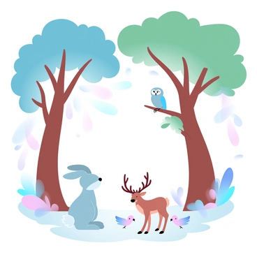 A magical forest filled with oversized trees that have thick trunks and vibrant green leaves. The trees tower high above, casting playful shadows on the ground. Various animals are scattered throughout the scene. A large rabbit with a fluffy tail is standing upright, engaged in conversation with a wise-looking owl perched on a low branch. Nearby, a deer with majestic antlers is curiously observing a group of small, colorful birds hopping around on the forest floor. Sunlight filters through the foliage, creating a dappled effect on the ground, while magical sparkles are subtly scattered in the air.