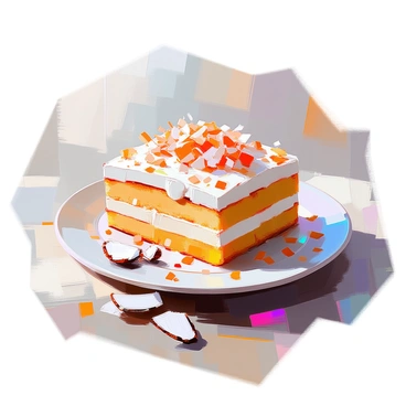 A close-up of a "delicious coconut cake" resting on a white plate. The cake is layered with creamy frosting and has a generous topping of "toasted coconut flakes" scattered on the surface. The plate is placed on a rustic wooden table. Soft natural light casts gentle shadows, highlighting the texture of the cake and the golden color of the toasted coconut. A few coconut flakes are also scattered around the plate for decoration.