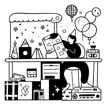 An event planner sitting at a large table covered with colorful party supplies, including neon-colored papers, glitzy decorations, and a variety of props. The planner has a large notepad filled with sketches and ideas, with a few disco balls hanging above the table. There are old-school cassette tapes and vintage party hats scattered around, along with a tape recorder playing upbeat music. Balloons and streamers in various geometric shapes are ready to be used for decoration.