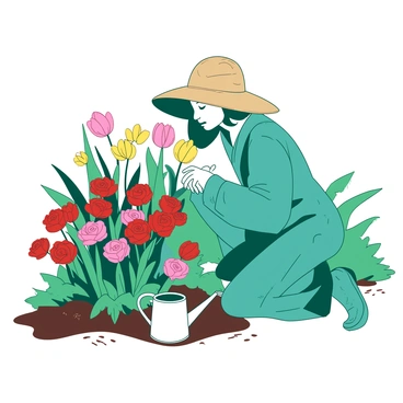 A teal gardener wearing a straw hat is kneeling on soft, rich soil, admiring a variety of flowers in full bloom. The flowers are vibrant and colorful, including red roses, yellow daffodils, and pink tulips. The gardener has a content expression, with hands gently resting on their knees as they look at the display of blooms. In the background, there are green leaves and several other plants, adding to the lushness of the garden. A small white watering can is placed nearby, suggesting recent care for the flowers.