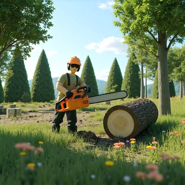 A chainsaw is actively cutting through a thick, sturdy tree trunk in the foreground. The operator is wearing protective gear, including a hard hat and safety glasses. In the background, there is a lush green landscape with tall trees, colorful wildflowers, and a clear blue sky. Sunlight filters through the leaves, casting dappled shadows on the ground. The scene captures the contrast between the mechanical work of the chainsaw and the vibrant beauty of nature surrounding it.