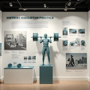 An exhibit in a museum featuring a large, detailed display on the history of deadlifting practices. The centerpiece is a life-sized sculpture of a weightlifter in mid-lift, showcasing their muscles and form. Surrounding the sculpture are historical photographs and information panels illustrating the evolution of deadlifting equipment, including old-fashioned barbells and modern variations. Several smaller displays include replicas of lifting records and famous lifters from different eras. The lighting highlights the exhibit, creating a focused atmosphere on the rich history of the sport.