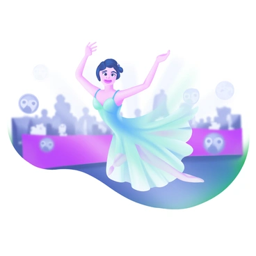 A modern pastel illustration of a dancer frozen mid-performance. The dancer is wearing a flowing, light blue costume, with delicate fabric that catches the light. Their body is in a graceful pose, one arm raised elegantly. The dancer's face is turned towards the audience, displaying a worried expression. In the background, subtle silhouettes of an audience can be seen, with hints of faces showing anticipation and concern. The stage has soft lighting that highlights the dancer, adding a focus to the scene.