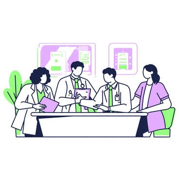 A healthcare team consisting of three professionals is gathered around a sleek table in a modern clinic. On the left, a woman with curly hair wearing a white coat is holding a clipboard and reviewing information. Next to her, a man with glasses and a tie is pointing at a tablet screen displaying a patient’s prescription details. On the right, a nurse with straight hair in scrubs is listening attentively while taking notes. Behind them, a large wall features abstract artwork, and a potted plant adds a touch of greenery to the scene. The atmosphere is focused and collaborative as they discuss the patient's needs.