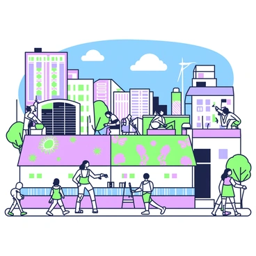 A group of artists is actively painting murals on solar panel rooftops in a city district known for its creativity. Each artist is engaged in their own unique design, with one artist using a wide brush to create a large abstract pattern. Another artist is adding detailed floral designs in one corner, while a third artist is carefully painting geometric shapes in vibrant colors. The rooftops are scattered throughout a mixture of buildings, some tall and modern, others with historical architecture. Below, people walk along the street, admiring the artwork and interacting with one another. Bright blue skies provide a backdrop for this lively scene.