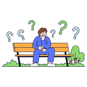 An adult with short brown hair is sitting on a wooden park bench. The person is wearing a blue shirt and jeans, looking thoughtfully ahead. Surrounding the person are multiple floating question marks in various shades of green. The park bench is situated on a grassy area with a few trees in the background.