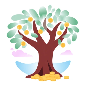 A large tree with a thick trunk and branches extending outward. The leaves of the tree are replaced with shiny gold coins, glistening under the light. The base of the trunk has various coins scattered around, symbolizing wealth. In the background, there are subtle outlines of rolling hills to suggest a serene environment. Above the tree, the sky is filled with gradient pastel colors, transitioning from soft pink to light blue.