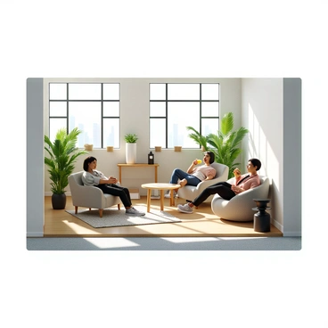 An office interior featuring a relaxation area designed for wellness breaks. The space includes a comfortable seating arrangement with modern lounge chairs and a small coffee table. There are a few employees present, one employee is sitting in a chair with their feet up, while another is leaning against a plush beanbag, sipping on a healthy smoothie. Soft greenery is placed around the area, including potted plants on shelves and a small indoor fountain in the corner. Natural light floods the space from large windows, creating a warm and inviting atmosphere.