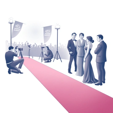 A film festival scene featuring a long, luxurious red carpet that stretches across the foreground. On one side of the carpet, several photographers are kneeling, capturing images with large cameras. They are surrounded by bright flashbulbs. On the opposite side, a group of movie stars stands together, confidently posing for the cameras. The stars are dressed in elegant evening attire, with one wearing a flowing gown and another in a tailored suit. The background is filled with the silhouettes of an excited crowd and decorative banners displaying the names of the festival.