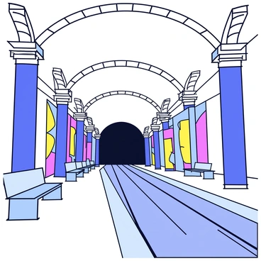 A vast subway station with high ceilings adorned with decorative arches. The floor is made of polished tiles, reflecting the overhead lights. Tall columns line the platform, each featuring detailed carvings. The walls showcase large, vibrant murals that add color to the otherwise empty space. A few benches are placed neatly along the platform, providing a place for waiting passengers. The tracks are visible in the foreground, leading into dimly lit tunnels.
