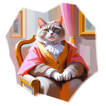 A Victorian-style painting depicts a noble cat dressed in traditional attire, complete with a finely detailed waistcoat and a lace cravat. The cat has a dignified expression and sits regally on an ornate chair. Its fur is beautifully groomed, showcasing rich colors of brown and cream. The background features lavish drapery and gold-framed paintings, reflecting the elegance of a grand gallery. The lighting highlights the cat's features and the intricate details of its attire, creating a captivating focal point in the scene.