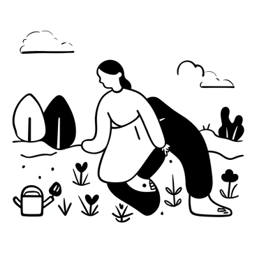 A handmaid in a long dress kneeling on the ground, carefully planting seeds into freshly turned soil. The handmaid is surrounded by small sprouting plants, indicating growth and potential. Above her, there are various gardening tools, including a trowel and a watering can, resting nearby. The sky is depicted as clear with a few scattered clouds, and the landscape is dotted with trees in the background, suggesting a fertile environment for the seeds to thrive.
