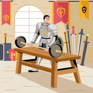 A knight in shiny silver armor is performing a bench press in a medieval gym setting. The knight has a determined expression on his face, and he grips a heavy wooden barbell adorned with iron weights. The bench is made of sturdy oak, and behind the knight, there are banners displaying medieval symbols. Various medieval weapons, such as swords and shields, are leaning against the walls of the gym. The floor is made of stone, and a large window allows sunlight to stream in, illuminating the scene.