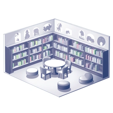 A children's section in a library filled with shelves of books. The shelves are low to the ground, allowing easy access for young readers. The area features large, bright illustrations on the walls depicting various storybook scenes, such as animals and fairy tale characters. There are several cozy reading nooks with colorful cushions arranged on the floor, inviting children to sit and read. A large round table in the center is surrounded by chairs, where children can gather for storytelling sessions. The overall atmosphere is vibrant and engaging, designed to capture the attention of young visitors.
