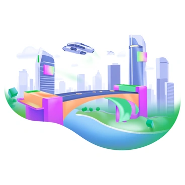 A modern pastel illustration featuring a "bridge made of digital blocks" that elegantly connects "two futuristic cities." The bridge has a sleek design, composed of colorful, translucent blocks that glow softly. On either end of the bridge, there are towering skyscrapers with neon lights and holographic advertisements. The sky above is filled with flying vehicles, creating a sense of advanced technology. The landscape around the cities is dotted with greenery and parks, adding a touch of nature to the urban setting.