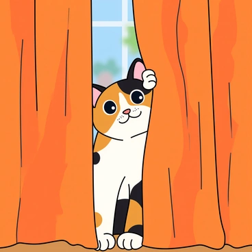 A calico cat with a mix of orange, black, and white fur is playfully hiding behind a bright, patterned curtain. The cat's curious eyes are wide open and peering out from the fabric, reflecting a sense of curiosity and mischief. The curtain is billowy, with delicate folds that frame the cat's face. Soft light filters through the curtain, casting gentle shadows around the cat's head. The room has a cozy atmosphere with hints of colorful decor in the background, enhancing the playful scene.