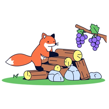 A cute fox with orange fur is busy building a stairway made of logs and rocks. The fox is carefully stacking the logs horizontally and arranging the rocks vertically. In the background, there are clusters of purple grapes hanging from a vine, just out of reach. The ground is covered with green grass, and the sun is shining brightly, casting shadows of the logs and rocks on the ground.